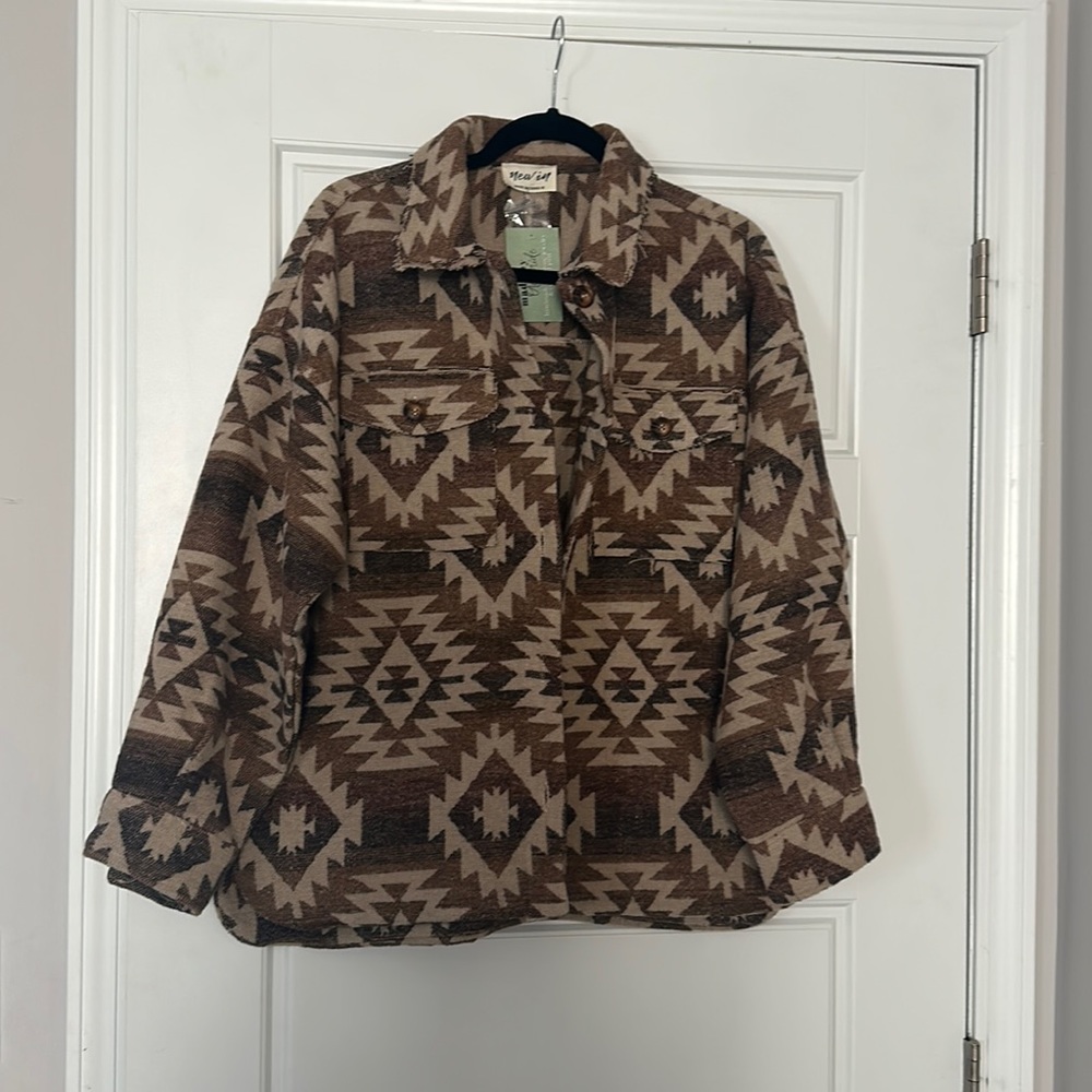 Beige Aztec collard casual wool jacket